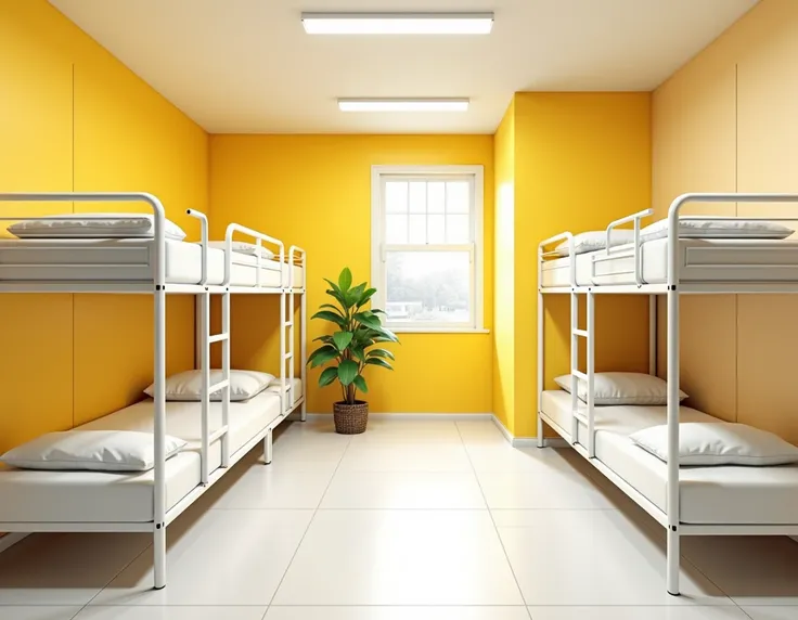 Modern dormitory interior, minimalist bunk beds, white metal frames, yellow accents, bright lighting, spacious room, clean design, tiled floor, recessed ceiling lights, sleek furniture, contemporary style, open layout, youth hostel aesthetic, functional sp...