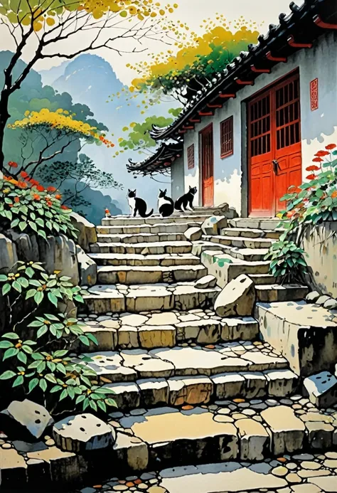 Cat on the Stone Steps, by Wu Guanzhong.
best quality, masterpiece, intricate details, ultra-detailed