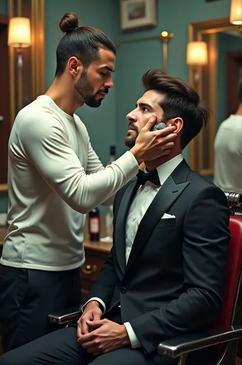 Christian Ronaldo starts to shave Messi in the barbering salon while Messi is in a tuxedo with a very very long hair