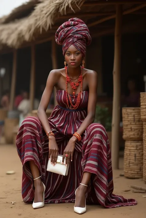 A realistic stylish African woman seated confidently in a traditional, rustic setting that resembles an open-air marketplace. She is wearing a modern twist on traditional African attire, with a matching headwrap styled in a tall, intricate design. Her outf...