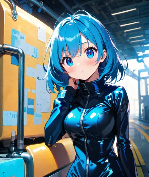 Anime girl in a shiny blue enamel boiler suit