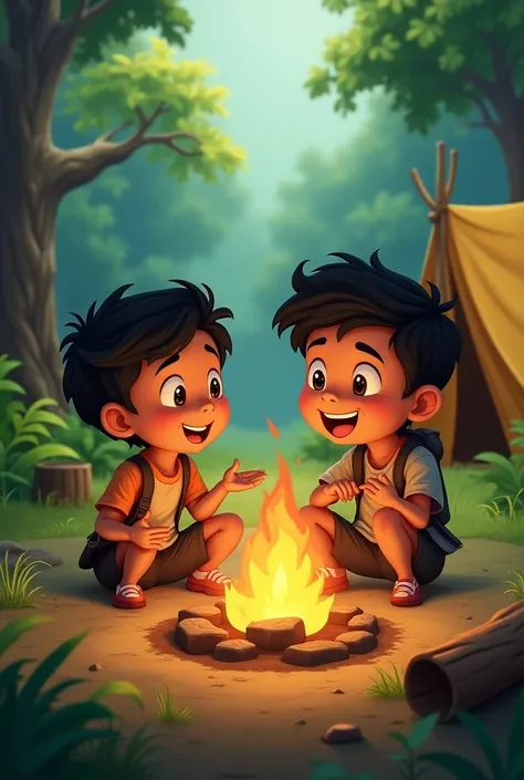 Animated on a campsite, a  boy with black hair, brown eyes, was chatting with his friend with black skin, black hair, brown eyes. 