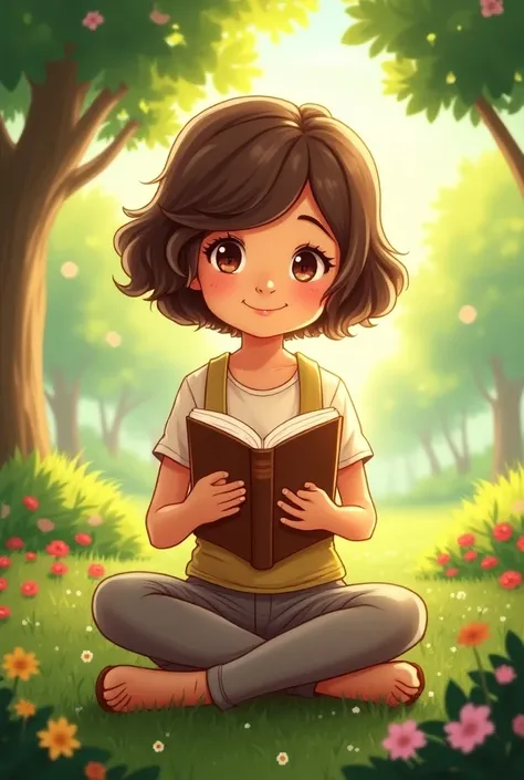 make me a story book cover a  with brown eyes and short wavy brown hair in a park holding a book titled Dian’s Dream: The Little Teacher Who Could!