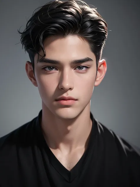 (best quality,4K,height,Masterpiece:1.2),Very detailed,(realistic,photorealistic,Medium shot,photo-realistic:1.37),A boy about 2,handsome,Detailed eyes,detailed lips,black hair,cool,indifferent,จ้องมองcool, Teacher&#39;s clothes, Two-part hairstyle,cool po...