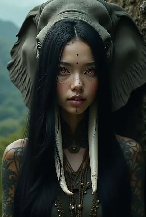 Here’s another image of the elephant + Beautiful woman hybrid creature, blending the majestic features of both animals in a dramatic nature Long Hair, Looking at viewer, Red Eyes, Black Hair, Masterpiece, Smile, 