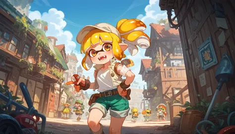 masterpiece, maximum quality, 4k, inkling girl, splatoon, fiolina germi's cosplay, metal slug