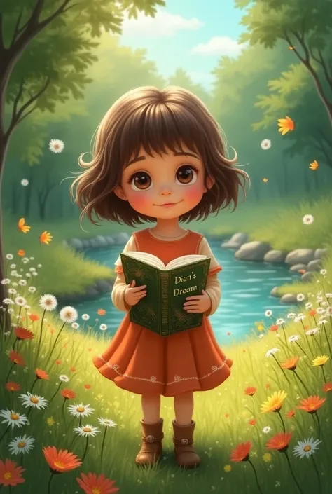 make me a story book cover a  with brown eyes and short wavy brown hair in a park holding a book titled Dian’s Dream