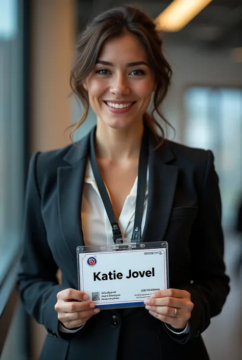 Le badge dune journaliste avec le nom "Katie Jovel".  