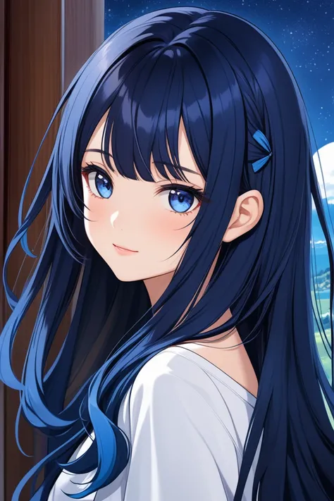 Marinette Dupan Cheng with long hair and midnight blue hair and blue eyes