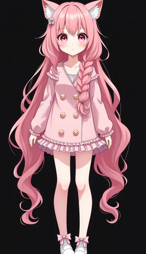 Light pink Wavy at the ends long hair With two braids in front and the rest of the hair loose, big pink eyes, pale skin, cute and pretty, cute outfit Animal draw outfit, Spring outfit, beauty, anime style, full body, adult, human girl, anime, anime style, ...