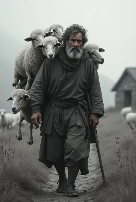 Shepherd on his back with sheep over his shoulders returning to the monochrome sheepfold