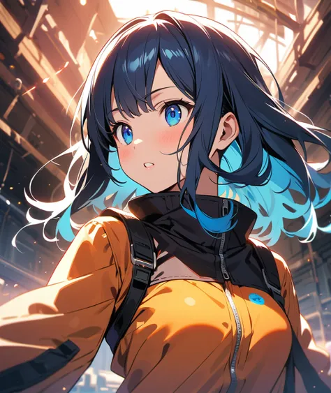 Anime girl in a shiny blue enamel boiler suit