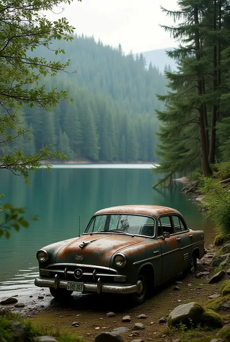 Old car by the lake and forest
