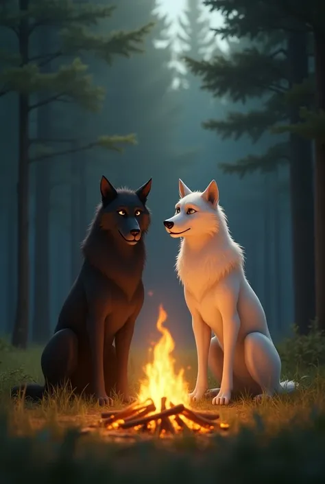 Prompt 9:
Create a Disney Pixar style wide shot of the grandfather and grandson standing together by the campfire, with the forest in the background. The grandfather has a proud, gentle smile on his face as he watches the boy. The grandson, looking more ma...