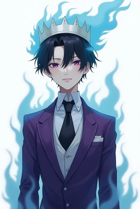 Anime boy with white skin  ,  black hair  , with a purple tuxedo and tie, a white crown ,  Blue-green fire above the head , white back background 