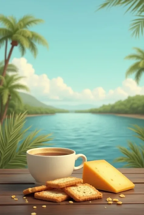 CREATE AN IMAGE WITH A BACKGROUND OF AN ECAYAMBE LAGOON THE BACKGROUND THAT IS CLEAR IN THE FORM OF AN ADVERTISEMENT AND THE MAIN IMAGE A CUP OF COFFEE NEXT TO THE BISCUITS AND NEXT TO THE BISCUITS THE LEAF CHEESE THE IMAGE IS LIKE CARICATURES THE SIMPLE I...