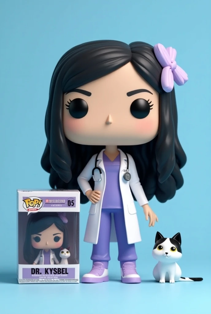  Funkopop hair of Dr. Kysbel with long straight black hair ,  with light violet ribbon on the ,  with light purple medical uniform and white medical coat . Along with her special edition Funkopop box visible on the same plane with the name of Dr..Kysbel at...