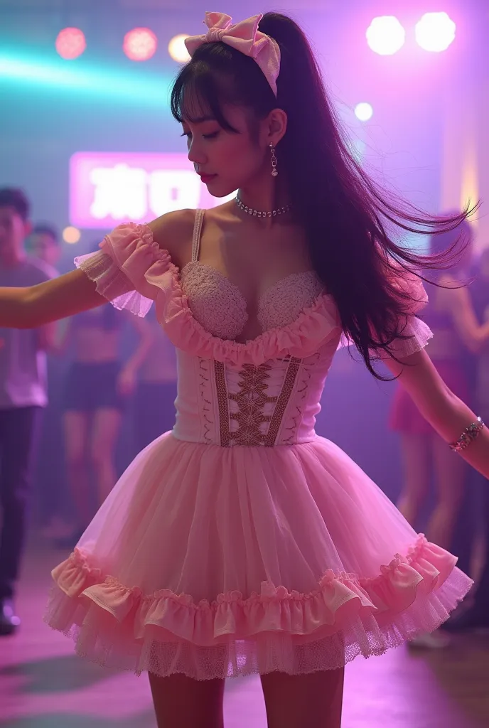 lolita,  a young woman permorm in a dance floor, wearing mini lolita dress and accessorized