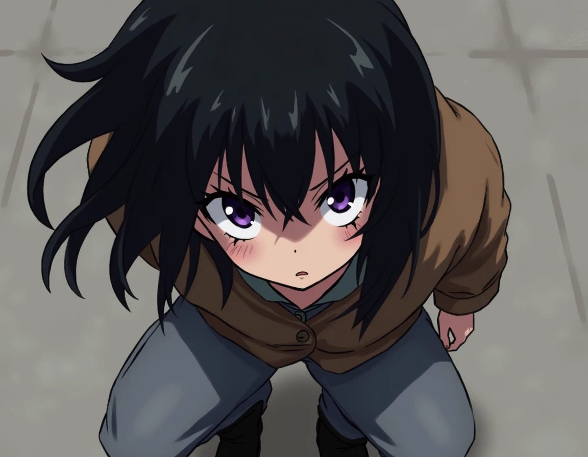 An anime girl with medium long hair with bangs and small purple eyes full of hate is wearing gray pants, a brown jacket and black boots