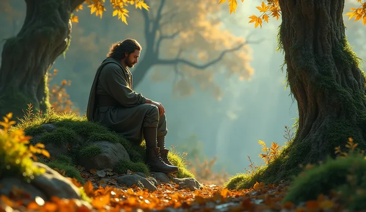 "Caius sitting on a moss-covered rock in a forest, surrounded by tall trees and golden autumn leaves, lost in thought, with a wise and peaceful expression. Vivid colors, hyper-realistic, 3D, ultra-detailed."
