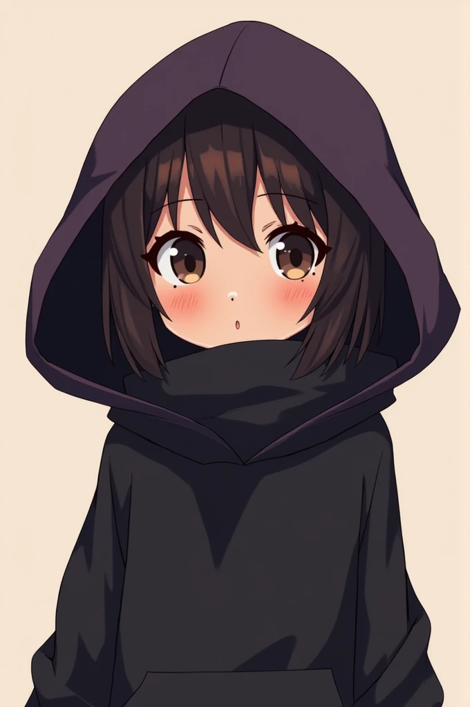  anime style, adult female anime chibi with dark brown hair color ,dark-skinned ,  and is wearing a wide black sweater and a wide dark purple hood