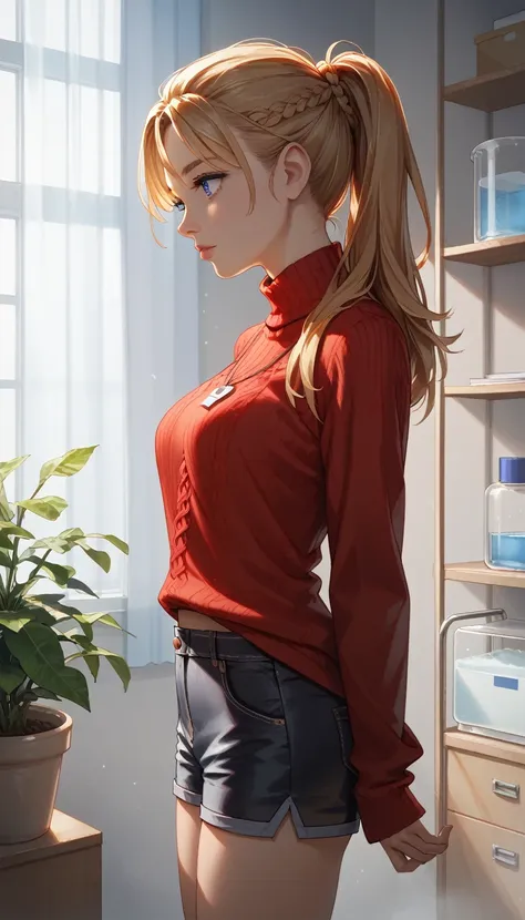 score_9, score_8_up, score_8_up, 1girl, blond woman, nicole demara, anime girl, standing in lab, brunette chemist man in backgro...