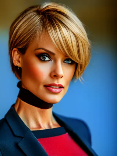 professional, high level of detail, full body photo of blonde (attractive 45yo woman:1.3), (classy stylish bob haircut)1.3, gray...