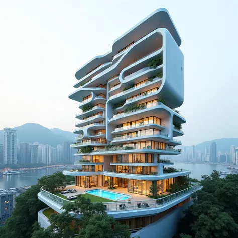 Create a 3D art for condominium, futuristic style, house for rich people, in Hong Kong, transparent background