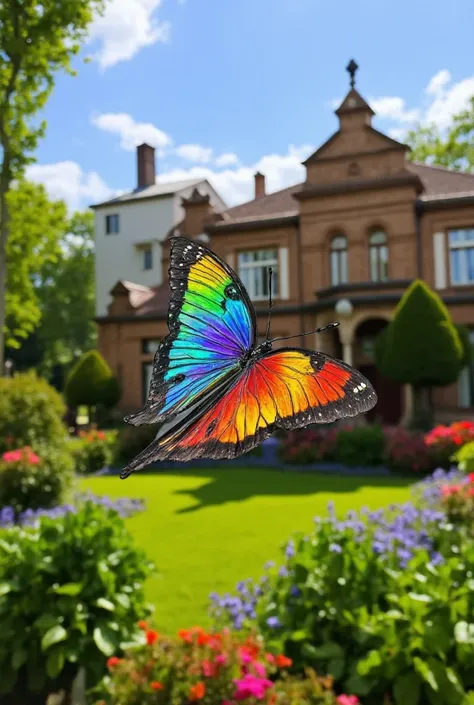 a rainbow butterfly flying in the garden in front of a house, highly detailed, 4k realistic, masterpiece, photorealistic, detailed wings, vibrant colors, natural lighting, lush vegetation, flower garden, ornamental architecture, intricate patterns, dynamic...