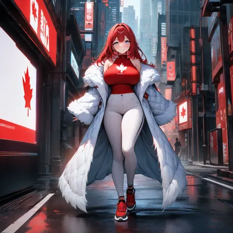 A woman wearing a red shirt with the symbol of the Canadian flag, white pants, long red hair, silver eyes, smiling, big breasts, bangs over her eyes, wearing sports shoes, wearing a white fur coat, walking on the sidewalk of a city in the environment of he...