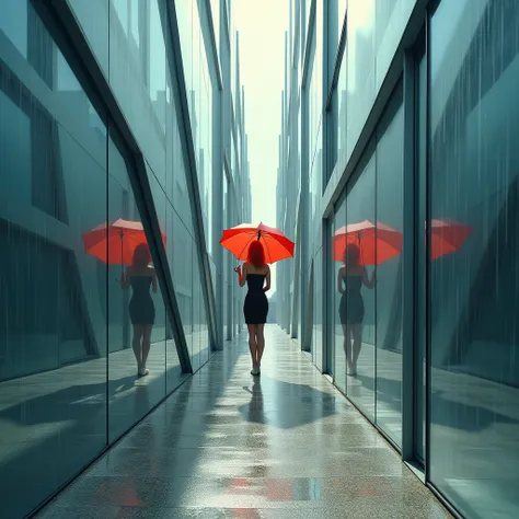 " Abstract building images reflected from mirrors placed at different angles .  and a red wide-brimmed hat , A woman in a tight dress ,  inside the mirror is extremely attractive with an umbrella  ,  It is raining inside the mirror but it is extremely sunn...