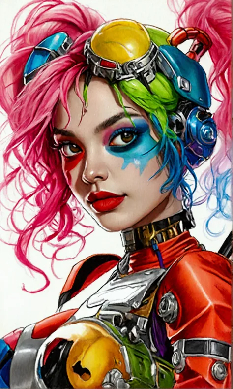 a color pencil drawing of Harley Quinn as a mecha warrior, in the style of detailed penciling, precision drawing, heavy shading, colorful drawings, hyperrealistic pencil drawings, xxmix,  neon light, coloring book cartoon style , full body,  raw hand drawn...