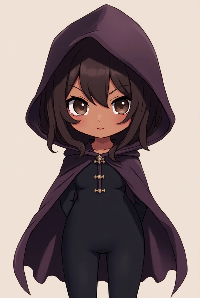  anime style, adult female anime chibi with dark brown hair color ,of dark skin tone .  and is wearing a wide black jumpsuit and a wide dark purple hood