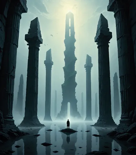 A lone figure stands at the edge of an endless, reflective expanse, dwarfed by towering monoliths that rise from the misty surface. The air is thick with an eerie silence, broken only by the ghostly silhouettes of colossal, whale-like creatures swimming gr...