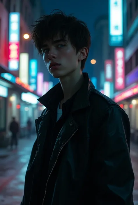 Anime young man, short brown hair, eyes light blue, he got emo vibes, Julián Casablancas vibes, he is smoking on the street, cyberpunk vibes,  night ambience, night city