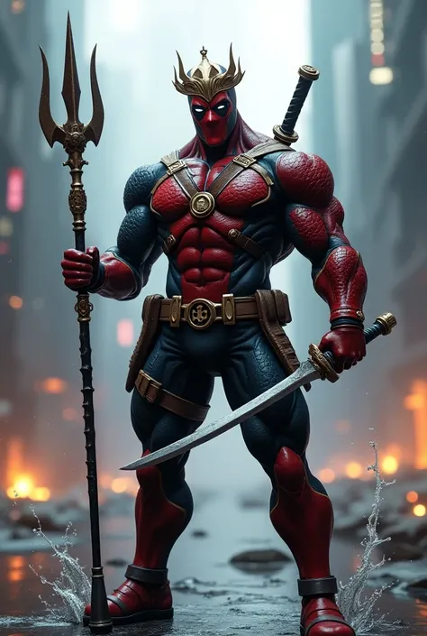 "A hybrid superhero with the royal, oceanic powers of Aquaman and the chaotic, wisecracking nature of Deadpool. The character wears a modified version of Aquaman’s suit, featuring armor-like scales, but with Deadpool’s iconic red and black color scheme. Th...