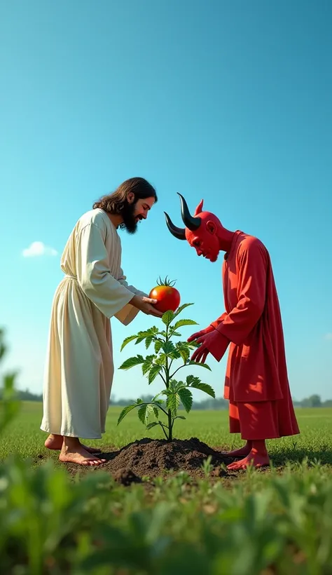 Jesus and red devil planting tometo plant , blue sky, in field 