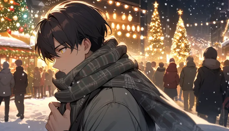 A young man with yellow eyes , Dark hair coat, Christmas city, snow profile, Christmas tree, crowds, loneliness, put your finger on the scarf