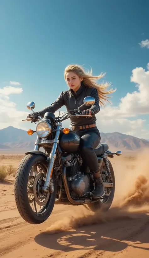 blond woman riding a motorcycle in the desert with a sky background, Single ponytail hair，flowing long hair，azure sky，Ross Tran 8 K, ross tran style, ross tran. scenery background, wojtek fus, in the style of ross tran, by Yang J, Artgerm and Atey Ghailan,...