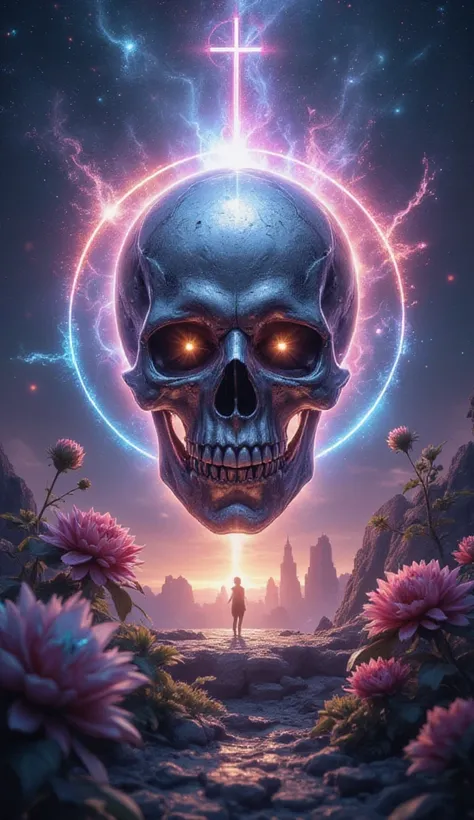 pixelated style,(Glows red,cross shaped glow,blooming flowers)),interstellar fog background,polished,((silver skull)),light composition,rainbow,rainbow around the skull,Full of energy,Illustrations of various structural force effects,Brilliant circular com...