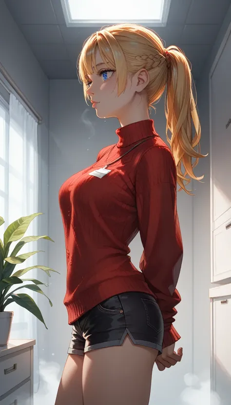 score_9, score_8_up, score_8_up, 1girl, blond woman, nicole demara, anime girl, taking off red sweater, indoors, lab, side view ...