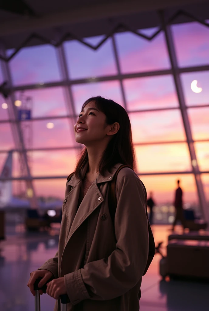 wide coyboy shot of a young asian female looking up and smiling, holding her luggage in the middle of the airport, bckground of an airport with huge glass windows and we see a sunset scenario with purple and yellow sunset and a crescent moon of top right, ...