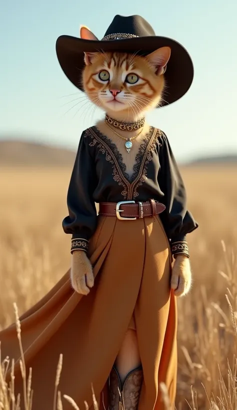  The kitten is smiling with a radiant and stylish expression .  She wears a long suede skirt in caramel tone ,  with a subtle slit on the side that gives movement to the look .  The upper part is a long-sleeved blouse , black silk,  with fine lace details ...