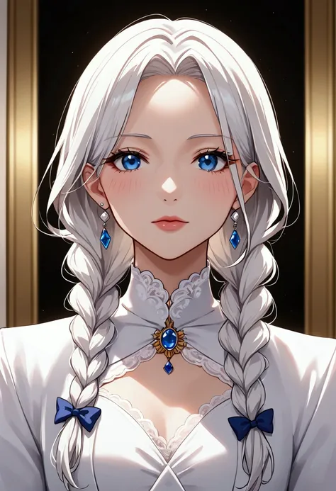 excellent, masterpiece, white hair, blue eyes, white clothes, upper body, hair, fair skin, side braids, best quality