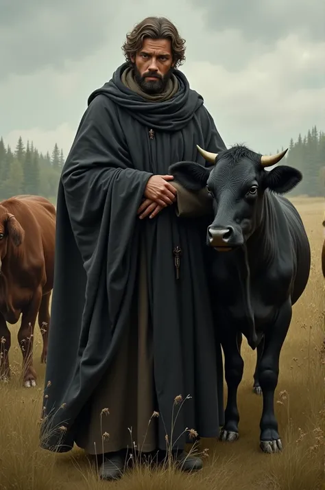 image. The shepherd .  a cow wearing black clothes on .  and wearing a black quilt covered by his hands .  and extended safety with a word.  has the tales of the godfather  