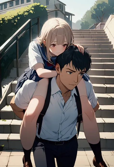 1 man carries 1 woman, stairs, Piggyback, school uniform.