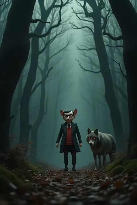 Mr bean , in a dark forest ,Pictures look real,with a wolf