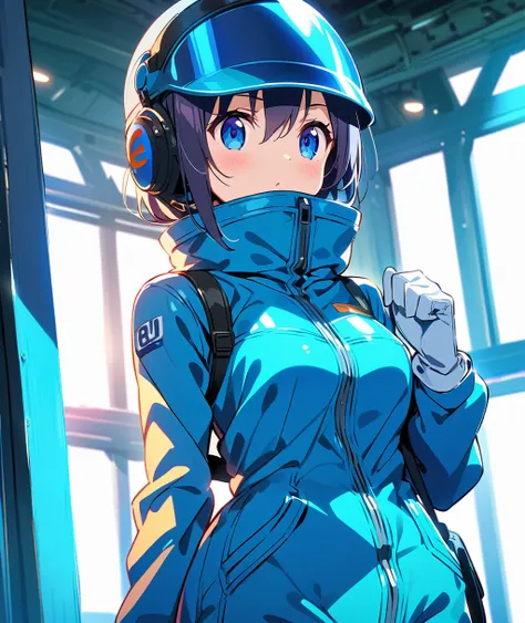 Anime girl wearing gloves in a blue enamel shiny boiler suit wearing a helmet