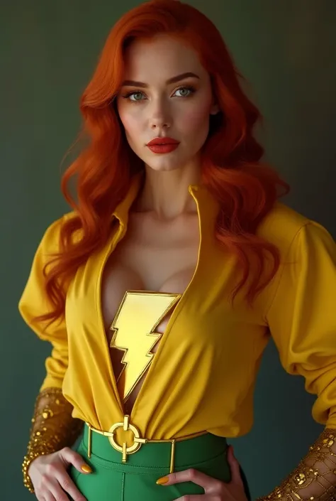 Red-haired woman, long hair, light eyes, bold golden lips and a vibrant golden blouse paired with a green mini skirt. She stands confidently in front of the camera, with the iconic shazan symbol displayed prominently on her outfit. Her boots complete the p...