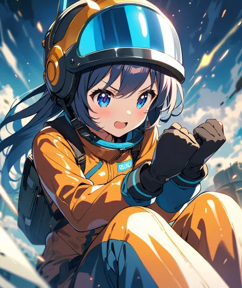 Anime girl wearing gloves in a blue enamel shiny boiler suit wearing a helmet